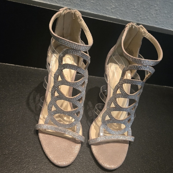 SALE STUNNING JESSICA SIMPSON Elegant Women's Strappy Heels - Silver Tan Jewels - Picture 5 of 9